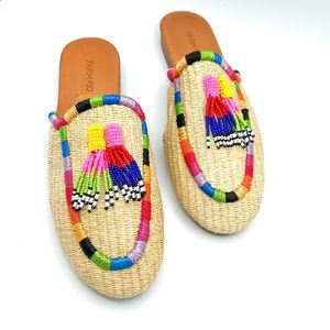 Farm Rio Natural Rafia Mules, size 8.5, Rainbow Bead Tassels, Flat, Leather